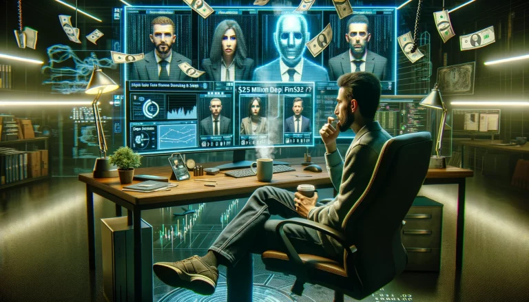 Un employé perplexe assis devant son ordinateur lors d'une vidéoconférence dans un bureau futuriste. L'écran affiche plusieurs collègues avec un effet numérique légèrement défectueux, suggérant leur nature artificielle due au deepfake. Des symboles d'argent et des flux de données numériques flottent dans la pièce, symbolisant la transaction de 25 millions de dollars. La pièce est remplie de gadgets high-tech et d'écrans affichant des graphiques et des codes, soulignant l'enjeu élevé de la situation. L'employé tient une tasse de café, maintenant froide, symbolisant le temps écoulé et sa réalisation naissante de l'escroquerie. L'atmosphère combine un thriller high-tech avec une touche d'humour, reflétant l'absurdité de la situation.