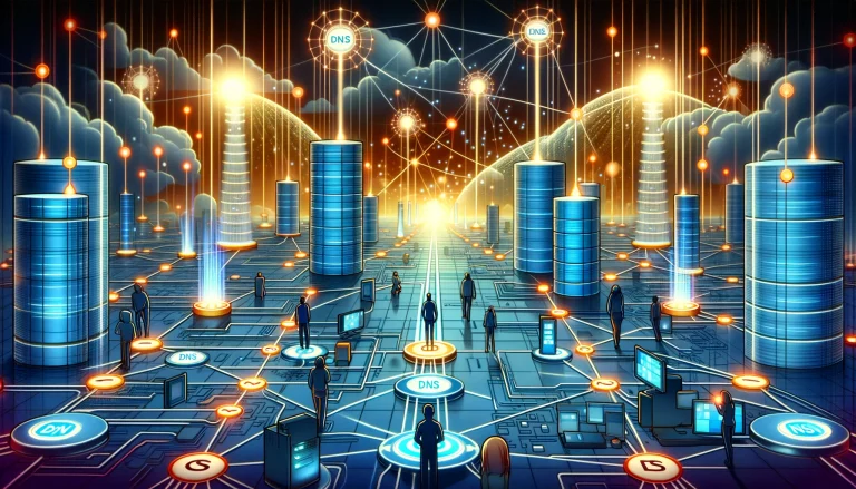 Illustration conceptuelle des serveurs DNS fonctionnant comme des guides dans le réseau Internet, avec des utilisateurs d'un côté, des sites web de l'autre, et des serveurs DNS agissant comme des points de connexion lumineux et interconnectés au milieu, facilitant la navigation sur le web.