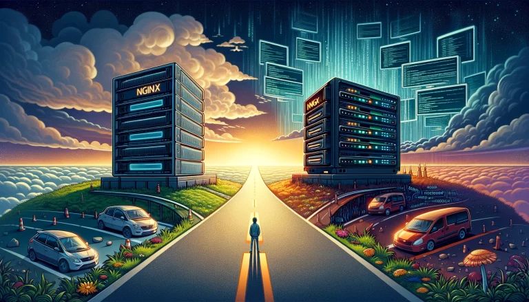 Une illustration symbolique représentant un chemin qui se divise en deux directions différentes : à gauche, une structure de serveur traditionnelle et bien établie symbolisant Nginx, et à droite, une structure de serveur nouvelle et dynamique représentant Freenginx. Le tout est situé dans un paysage numérique rempli de codes, illustrant un moment de décision et de divergence dans le monde de la technologie des serveurs web. Cette image met en lumière le contraste entre l'ancienne garde et le nouveau challenger, soulignant l'importance de l'innovation et des projets communautaires dans le développement open source.