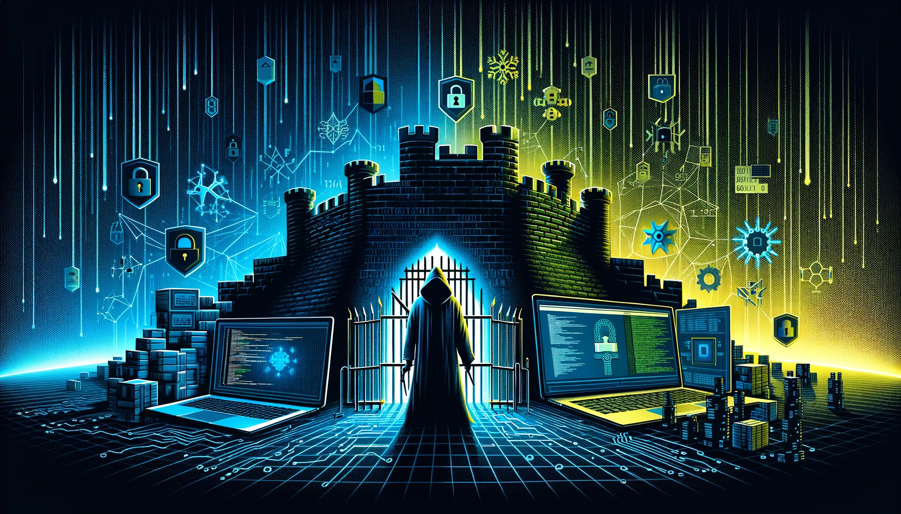 Une illustration représentant un paysage numérique divisé, avec d'un côté une forteresse robuste symbolisant un site web sécurisé, entourée de murs numériques, de pare-feu, et de symboles d'encryption, illustrant les défenses contre les cyberattaques. De l'autre côté, une figure ombragée avec une capuche représente un hacker, face au site sécurisé. Entre eux, des lignes de code et des nombres binaires flottent dans l'air, représentant la bataille en cours entre la sécurité et la vulnérabilité. Les couleurs contrastent entre les teintes sombres de bleus et de verts pour le côté hacker, et des jaunes brillants et des blancs pour le site sécurisé, soulignant le choc entre la menace et la protection dans le domaine de la cybersécurité.