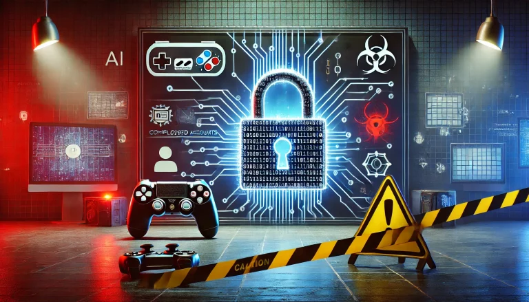 Illustration d'une serrure numérique entourée de code binaire rouge, symbolisant un piratage de comptes sur des plateformes d'IA et de jeux vidéo, avec un fond bleu-rouge et des icônes associées.