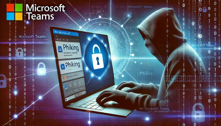 Découvrez TeamsPhisher, un outil exploitant une faille de Microsoft Teams pour envoyer des messages externes en se faisant passer pour un utilisateur interne. Illustration représentant une alerte de phishing sur l'interface Teams, avec une ambiance technologique et cybersécuritaire.