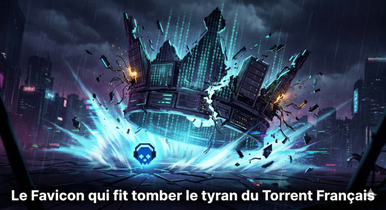 Illustration de style cyberpunk d'un grand trône ou couronne numérique explosant et se désintégrant. Au premier plan, une petite icône pixelisée d'une tête de mort bleue rayonne de l'énergie. Le texte superposé indique « Le Favicon qui fit tomber le tyran du Torrent Français ». L'arrière-plan montre une ville futuriste pluvieuse sous un ciel sombre.