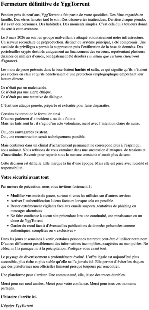 YggTorrent piratage et fermeture